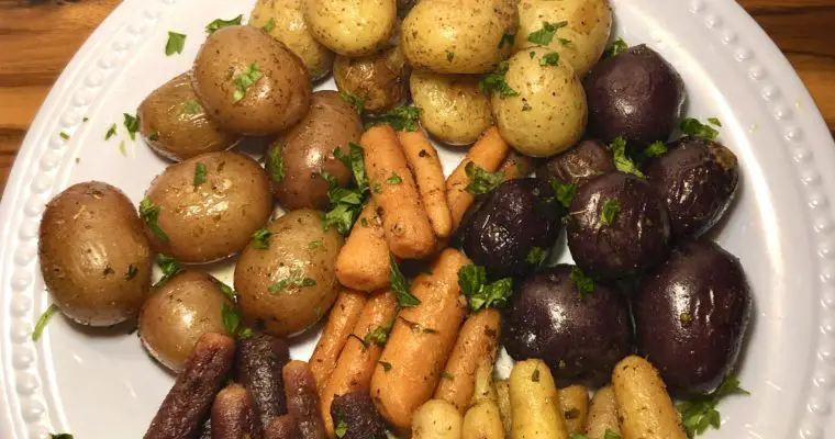 Simple Roasted Baby Potatoes and Rainbow Carrots