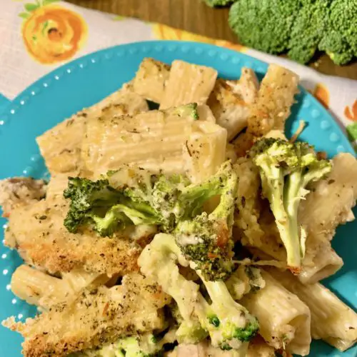chicken broccoli alfredo ziti with a parmesan cheese and herb topping plated on a light blue plate on top of floral fabric napkin with a head of broccoli and a ramiken of shredded parmesan cheese in the background