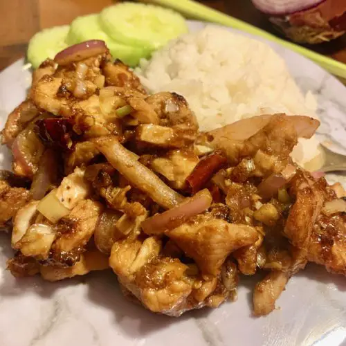 lemongrass chicken with onion and thai chilis. plated on white marble plate with jasmine rice and cucumber slices. plate is on wooden cutting board with purple onion and lemongrass stalk in the background